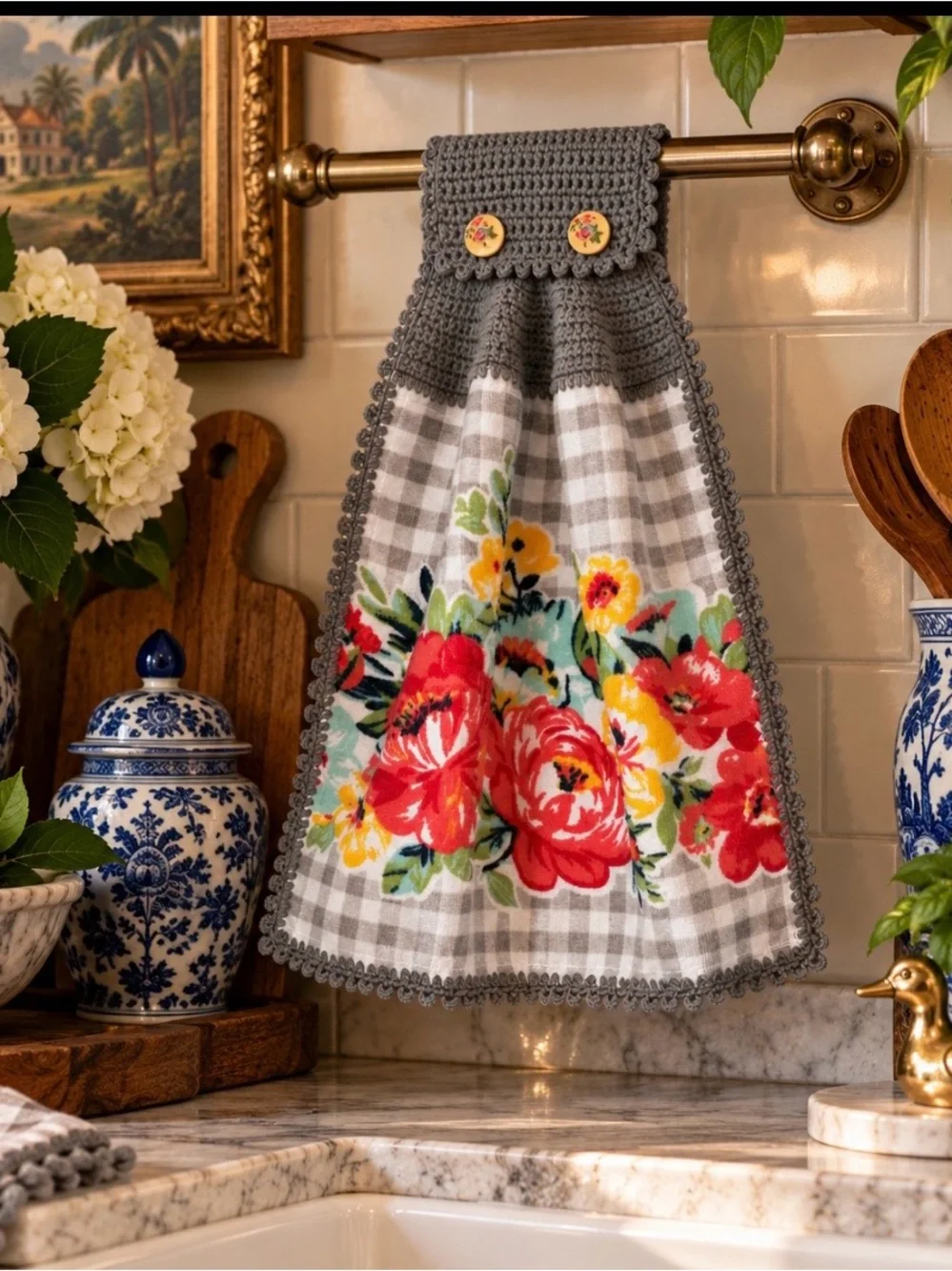 Handmade Crochet Pioneer Woman Hanging Kitchen Towel Gray Gingham Floral